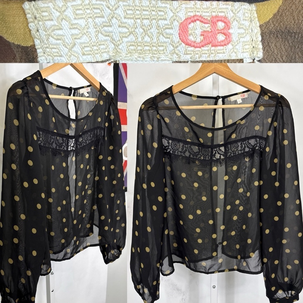Gianni Bini Women’s Sheer Black/gold Polka Dot Long Sleeve Top Size L